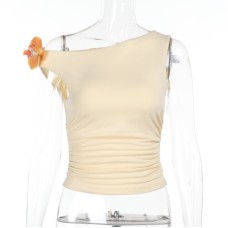 Flower slanted shoulder slim fit short top for women
