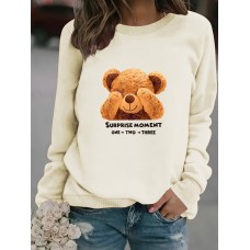 Round neck cartoon bear print pullover sweatshirt