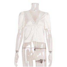 V-neck lace patchwork strap slimming short sleeved top