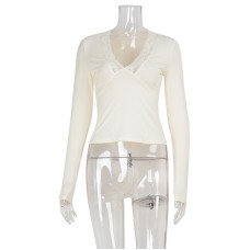 V-neck lace patchwork long sleeved top for women