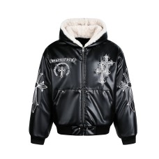 Cross Embroidered PU Leather Coat Coat Cotton Coat