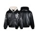 Cross Embroidered PU Leather Coat Coat Cotton Coat