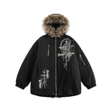 Cross skull embroidered fur collar jacket
