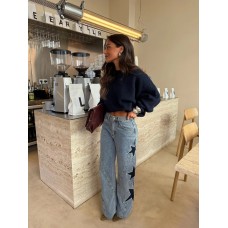 Five pointed star loose straight denim pants