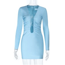 Deep V-neck long sleeved hollow out spicy girl with hip hugging short skirt for women