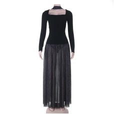Square collar long sleeved patchwork polka dot A-list dress