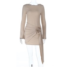 Knitted round neck floral ribbon long sleeved dress for women Knitted round neck floral ribbon long sleeved dress for women