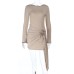 Knitted round neck floral ribbon long sleeved dress for women