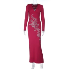Hot pressed diamond V-neck long sleeved sexy slim fit dress with wrapped buttocks Hot pressed diamond V-neck long sleeved sexy slim fit dress with wrapped buttocks