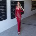 Hot pressed diamond V-neck long sleeved sexy slim fit dress with wrapped buttocks