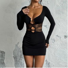 Sexy spicy girl hollow lace patchwork long sleeved dress