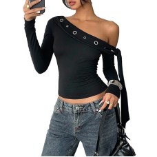 Slanted shoulder long sleeved solid color versatile top for women