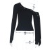 Slanted shoulder long sleeved solid color versatile top for women