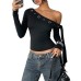 Slanted shoulder long sleeved solid color versatile top for women