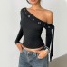 Slanted shoulder long sleeved solid color versatile top for women