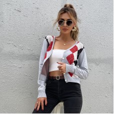 Women's diamond grid long sleeved short top