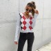 Women's diamond grid long sleeved short top