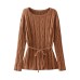 Solid color long sleeved off shoulder waist cinched top with zip ties