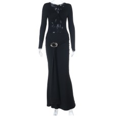 Sexy deep V-neck mesh patchwork long sleeved dress for women