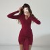 Sexy spicy girl long sleeved ribbon lace neckline hollow out twisted dress