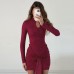 Sexy spicy girl long sleeved ribbon lace neckline hollow out twisted dress