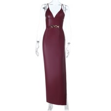 Sexy slit high waisted metal buckle suspender leather skirt for women