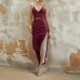 Sexy slit high waisted metal buckle suspender leather skirt for women