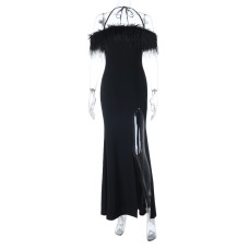 One shoulder sexy slit slim evening dress long skirt