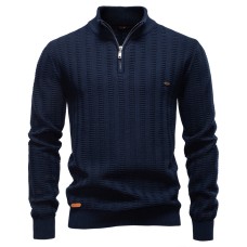Striped Jacquard Men's Half Zipper Stand up Collar Top Striped Jacquard Men's Half Zipper Stand up Collar Top