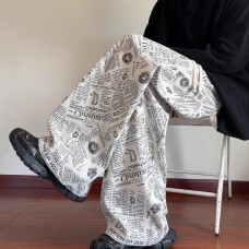 Retro All-Over Print Corduroy Wide-Leg Pants Men's Spring Autumn Trendy Straight Loose Long Trousers Style Drape Casual Pants