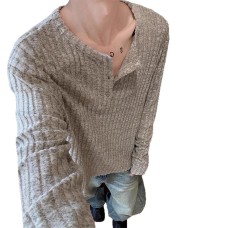 Cleanfit Gray Regular Shoulder Long Sleeve T-Shirt Men Autumn High-End Henley Neck Knit Sweatshirt Inner Layer Underwear