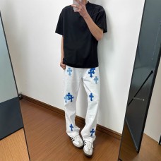 Street Style White Flared Jeans for Men, Autumn Fashion Brand Cross Pendant Pants Slim Fit Straight Leg Tapered Design