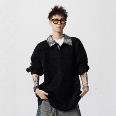 Classic Preppy Style Color-Blocked Shirt Collar Knit Hoodie for Men and Women Autumn American Diagonal Stripe Faux Two-Piece Long Sleeve T-Shirt