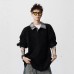 Classic Preppy Style Color-Blocked Shirt Collar Knit Hoodie for Men and Women Autumn American Diagonal Stripe Faux Two-Piece Long Sleeve T-Shirt