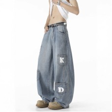 Multi-pocket Washed Knife-cut Pants for Men and Women Autumn American Retro Distressed Jeans, Loose Wide-leg Floor-length Trousers
