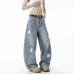 Multi-pocket Washed Knife-cut Pants for Men and Women Autumn American Retro Distressed Jeans, Loose Wide-leg Floor-length Trousers
