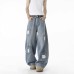 Multi-pocket Washed Knife-cut Pants for Men and Women Autumn American Retro Distressed Jeans, Loose Wide-leg Floor-length Trousers