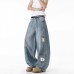 Multi-pocket Washed Knife-cut Pants for Men and Women Autumn American Retro Distressed Jeans, Loose Wide-leg Floor-length Trousers