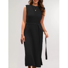 Round neck base knit commuting slit dress for women