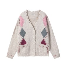Jacquard knitted sweater jacket V-neck damaged sweater