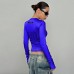 Open navel printed elastic round neck long sleeved top