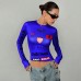 Open navel printed elastic round neck long sleeved top