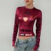 Open navel printed elastic round neck long sleeved top