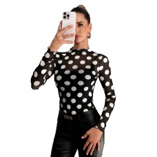 Sexy slim fit mesh see through printed long sleeved top