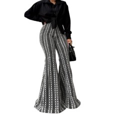 Slim striped mid waist elastic flared casual pants