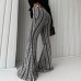 Slim striped mid waist elastic flared casual pants