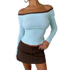 Slim fit exposed navel contrasting one shoulder top for women