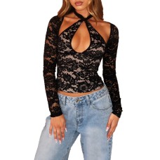 Hollow out navel hanging neck strap lace top for women