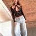 Hollow out navel hanging neck strap lace top for women