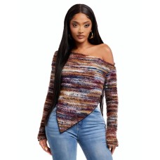 Slanted collar irregular yarn dyed top for women